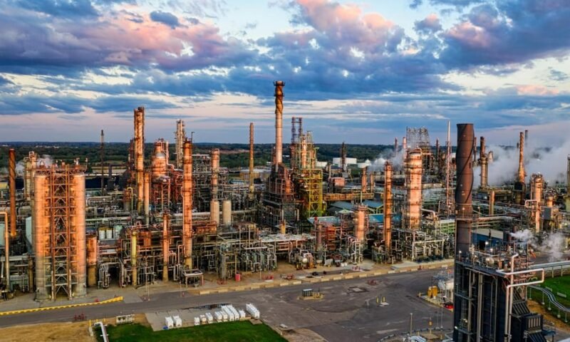Stunning aerial shot of an oil refinery in Rosemount, MN, showcasing industrial complexity at sunset.